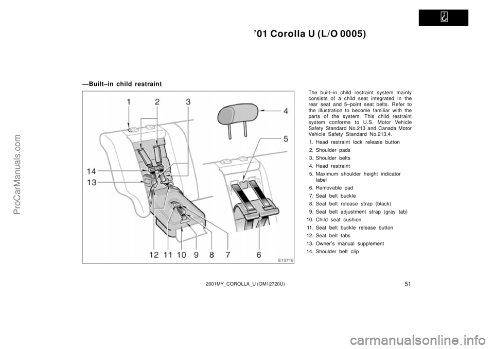 TOYOTA COROLLA 2001  Owners Manual   
01 Corolla U (L/O 0005)
512001MY_COROLLA_U (OM12720U)
ÐBuilt±in child restraint
The built±in child restraint system mainly
consists of a child seat integrated in the
rear seat and 5±point seat