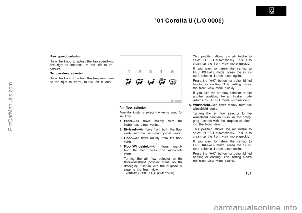 TOYOTA COROLLA 2001  Owners Manual   
01 Corolla U (L/O 0005)
1312001MY_COROLLA_U (OM12720U)
Fan speed selector
Turn the knob to adjust the fan speedÐto
the right to increase, to the left to de-
crease.
Temperature selector
Turn the 
