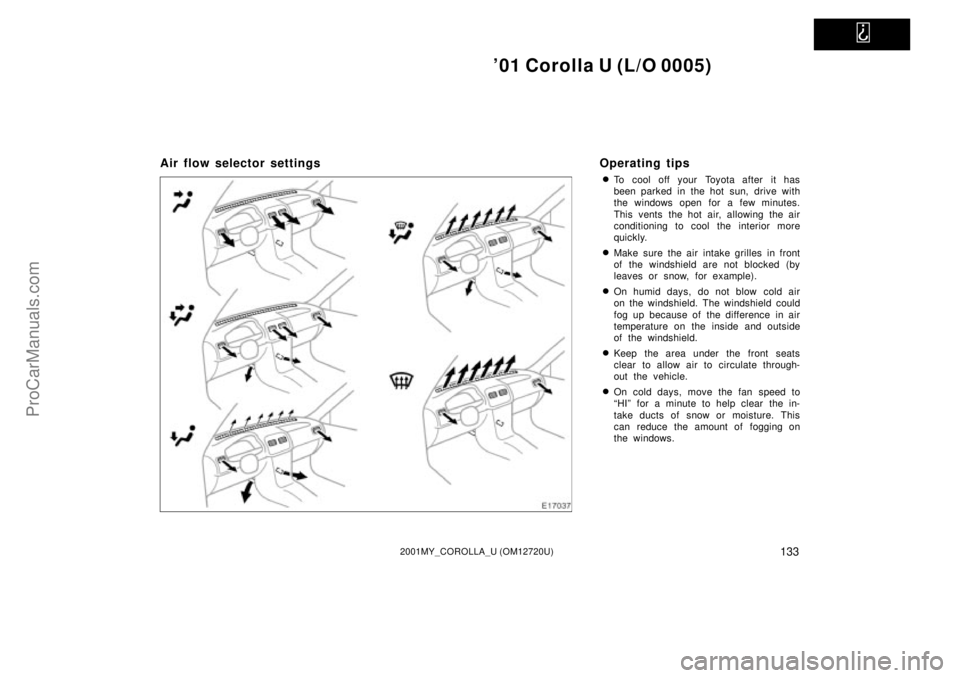TOYOTA COROLLA 2001  Owners Manual   
01 Corolla U (L/O 0005)
1332001MY_COROLLA_U (OM12720U)
Air flow selector settings Operating tips
To cool off your Toyota after it has
been parked in the hot sun, drive with
the windows open for a
