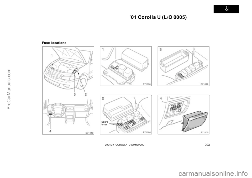 TOYOTA COROLLA 2001  Owners Manual   
01 Corolla U (L/O 0005)
2032001MY_COROLLA_U (OM12720U)
Fuse locations
Spare
fuses
ProCarManuals.com 