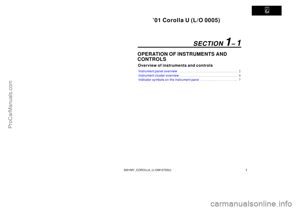 TOYOTA COROLLA 2001 Manual PDF   
01 Corolla U (L/O 0005)
12001MY_COROLLA_U (OM12720U)
OPERATION OF INSTRUMENTS AND
CONTROLS
Overview of instruments and controls
Instrument panel overview2 . . . . . . . . . . . . . . . . . . . . .