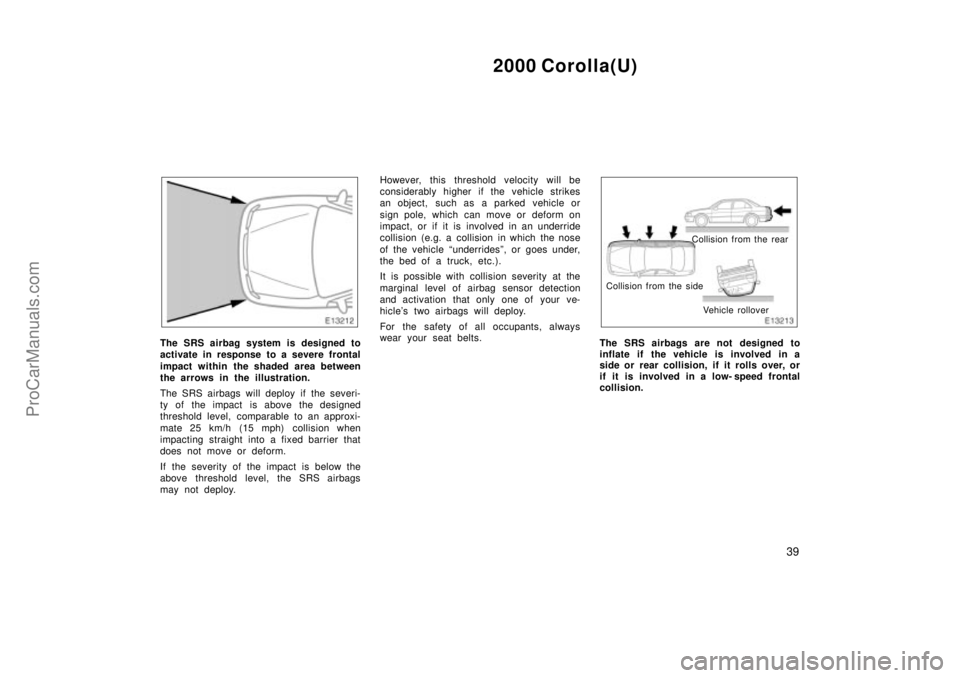 TOYOTA COROLLA 2000  Owners Manual 2000 Corolla(U)
39
The SRS airbag system is designed to
activate in response to a severe frontal
impact within the shaded area between
the arrows in the illustration.
The SRS airbags will deploy if th