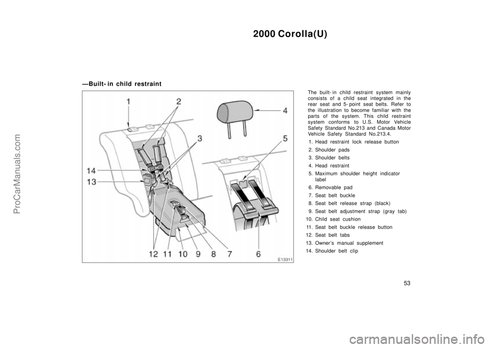 TOYOTA COROLLA 2000  Owners Manual 2000 Corolla(U)
53
ÐBuilt- in child restraint
The built- in child restraint system mainly
consists of a child seat integrated in the
rear seat and 5- point seat belts. Refer to
the illustration to be