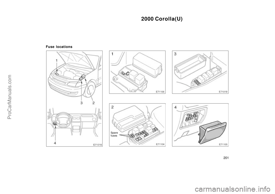 TOYOTA COROLLA 2000  Owners Manual 2000 Corolla(U)
201
Fuse locations
Spare
fuses
ProCarManuals.com 