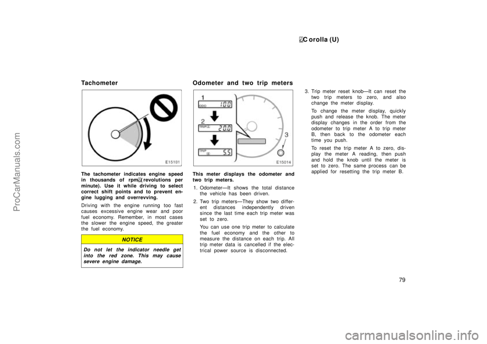 TOYOTA COROLLA 1999  Owners Manual C orolla (U)
79
Tachometer
The tachometer indicates engine speed
in thousands of rpm
( revolutions per
minute). Use it while driving  to select
correct shift points and to prevent en-
gine lugging and