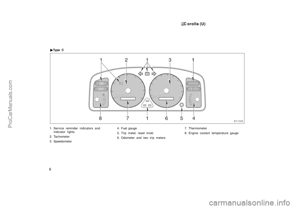 TOYOTA COROLLA 1999 Repair Manual C orolla (U)
6
1. Service reminder indicators and
indicator lights
2. Tachometer
3. Speedometer4. Fuel gauge
5. Trip meter reset knob
6. Odometer and two trip meters7. Thermometer
8. Engine coolant te