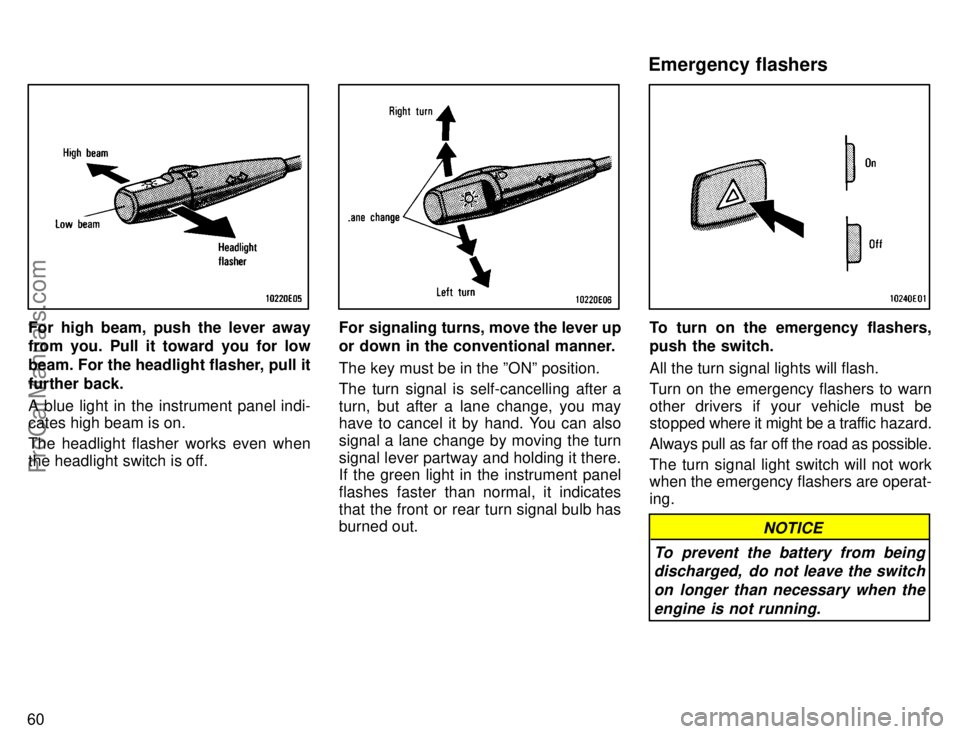 TOYOTA COROLLA 1996 Repair Manual 60
For high beam, push the lever away
from you. Pull it toward you for low
beam. For the headlight flasher, pull it
further back.
A blue light in the instrument panel indi-
cates high beam is on.
The 