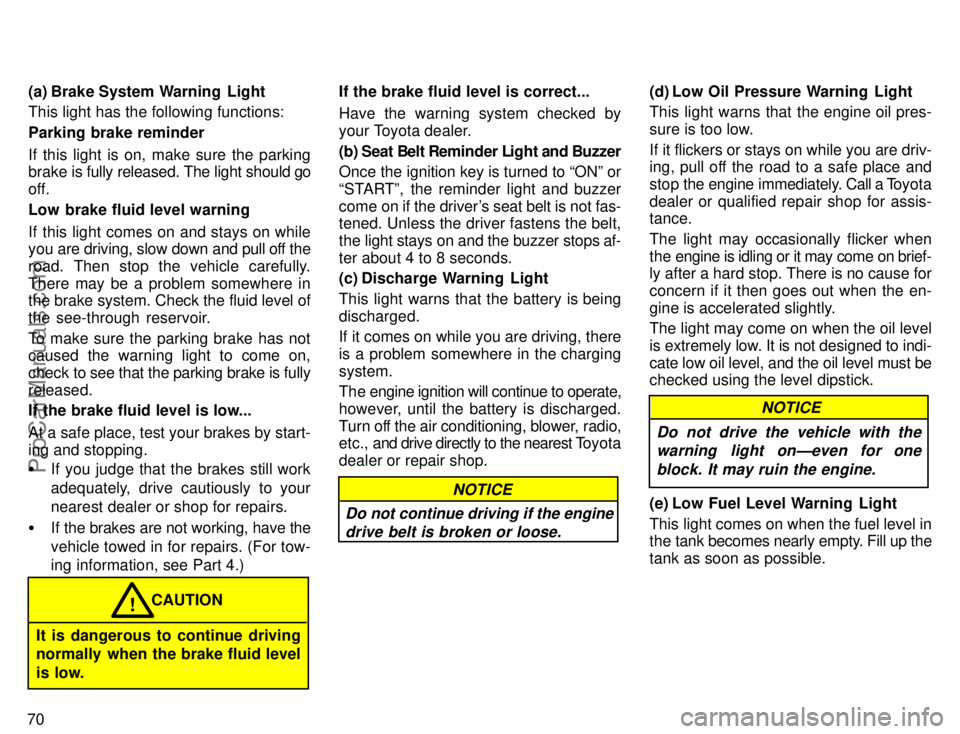 TOYOTA COROLLA 1996 Manual PDF 70(a) Brake System Warning  Light
This light has the following functions:
Parking brake reminder
If this light is on, make sure the parking
brake is fully released. The light should go
off.
Low brake 