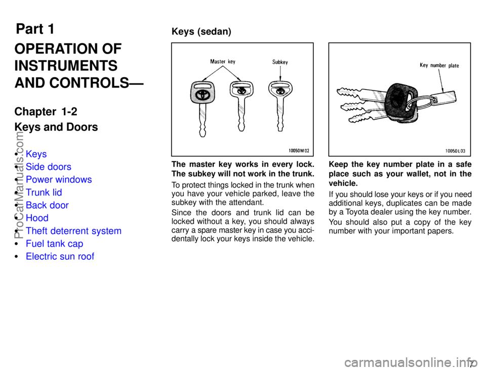 TOYOTA COROLLA 1996  Owners Manual Part 1Keys (sedan)
7
OPERATION OF
INSTRUMENTS
AND CONTROLSÐ
Chapter 1-2
Keys and Doors
Keys
Side doors
Power windows
Trunk lid
Back door
Hood
Theft deterrent system
Fuel tank cap
Electric su