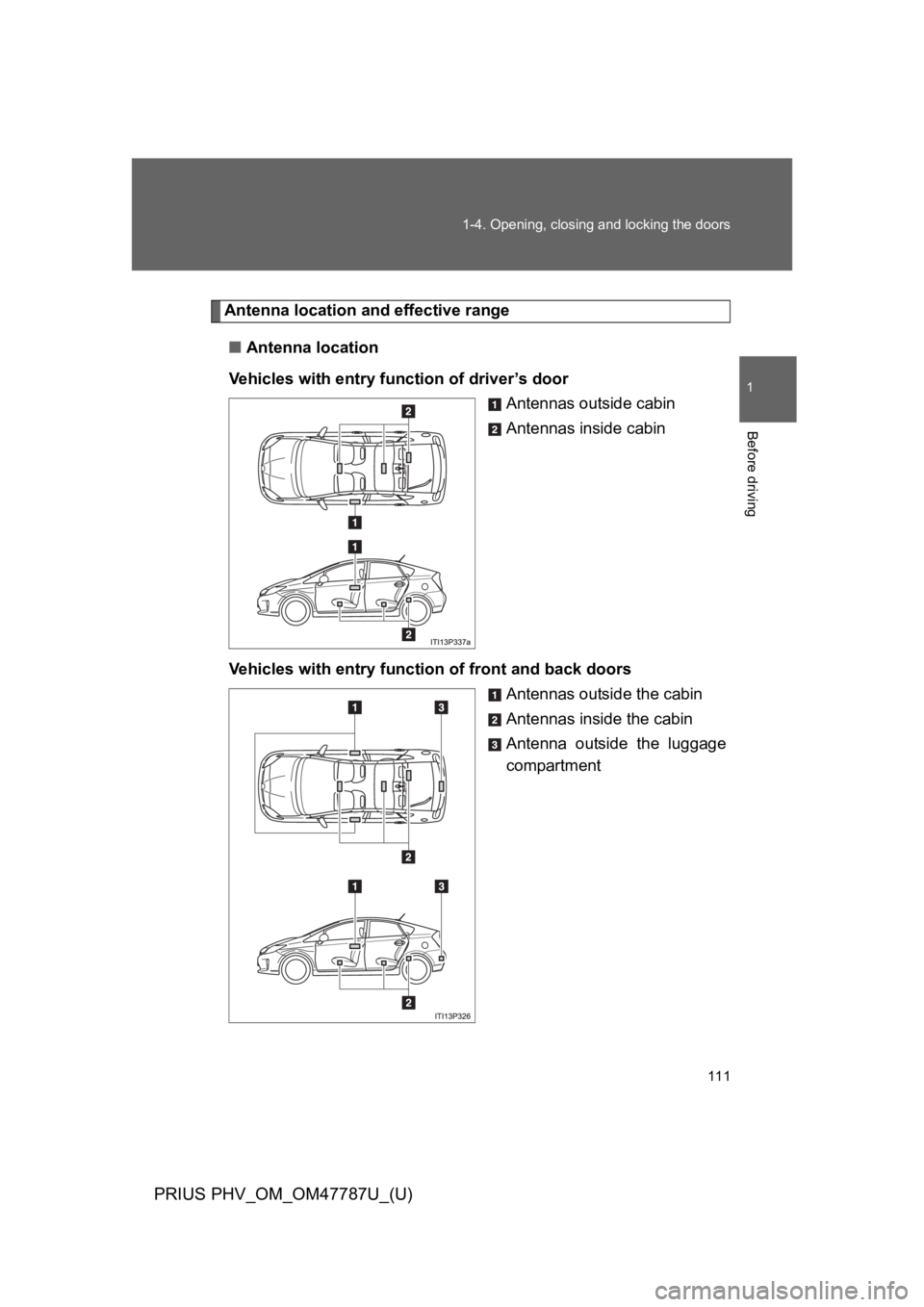 TOYOTA PRIUS PLUG-IN 2013 Owners Manual 111
1-4. Opening, closing and locking the doors
1
Before driving
PRIUS PHV_OM_OM47787U_(U)
Antenna location and effective range
■Antenna location
Ve h i c l e s w i t h e n t r y f u n c t i o TOYOTA PRIUS PLUG-IN 2013 Owners Manual 111
1-4. Opening, closing and locking the doors
1
Before driving
PRIUS PHV_OM_OM47787U_(U)
Antenna location and effective range
■Antenna location
Ve h i c l e s w i t h e n t r y f u n c t i o
