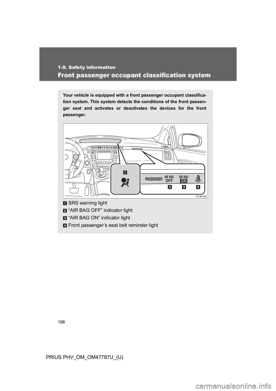 TOYOTA PRIUS PLUG-IN 2013  Owners Manual 198
1-9. Safety information
PRIUS PHV_OM_OM47787U_(U)
Fr ont passenger occupant classification system
Yo u r   v e h i c l e   i s   e q u i p p e d   w i t h   a   f r o n t   pa s s e n g e r   o c 