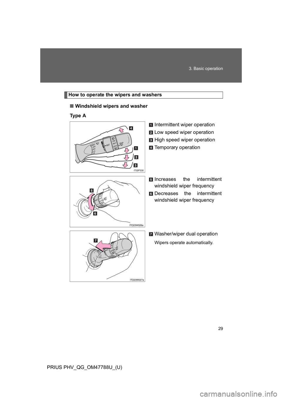 TOYOTA PRIUS PLUG-IN 2013 Owners Manual 29
3. Basic operation
PRIUS PHV_QG_OM47788U_(U)
How to operate the wipers and washers
■Windshield wipers and washer
Ty p e   A
Intermittent wiper operation
Low speed wiper operation
High speed wiper