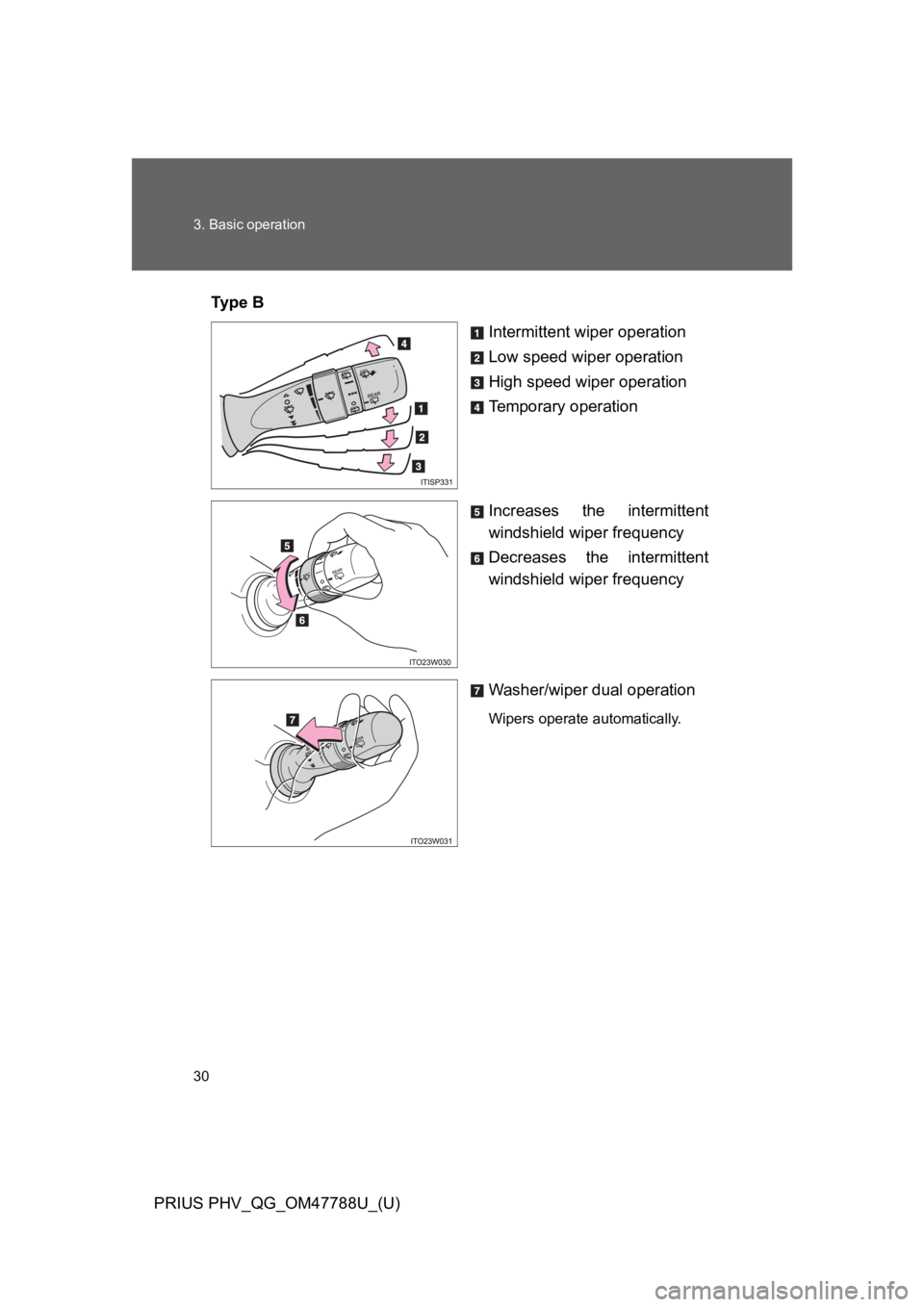 TOYOTA PRIUS PLUG-IN 2013 Owners Manual 30
3. Basic operation
PRIUS PHV_QG_OM47788U_(U)
Ty p e   B
Intermittent wiper operation
Low speed wiper operation
High speed wiper operation
Te m p o r a r y   o p e r a t i o n
Increases  the  interm