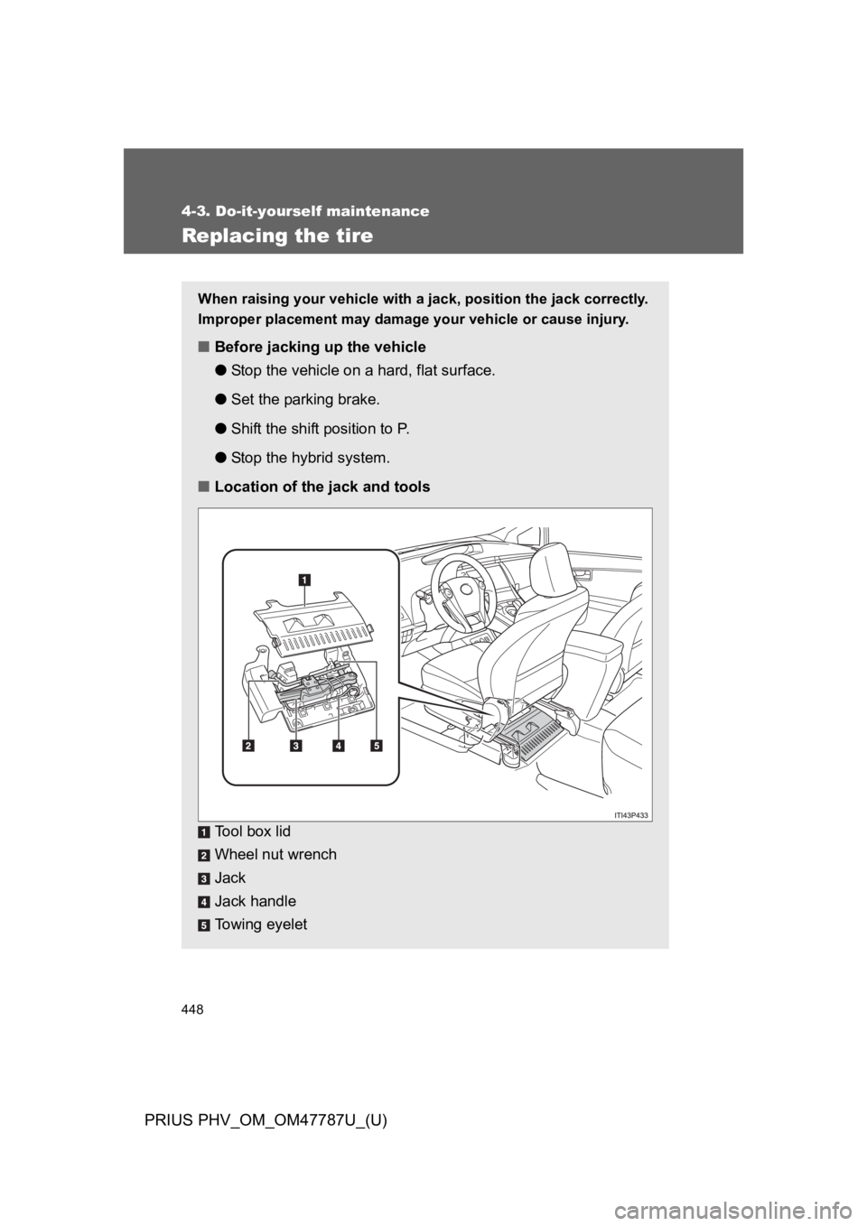 TOYOTA PRIUS PLUG-IN 2013  Owners Manual 448
4-3. Do-it-yourself maintenance
PRIUS PHV_OM_OM47787U_(U)
Replacing the tire
When raising your vehicle with a jack, position the jack correctly.
Improper placement may damage your vehicle or cause