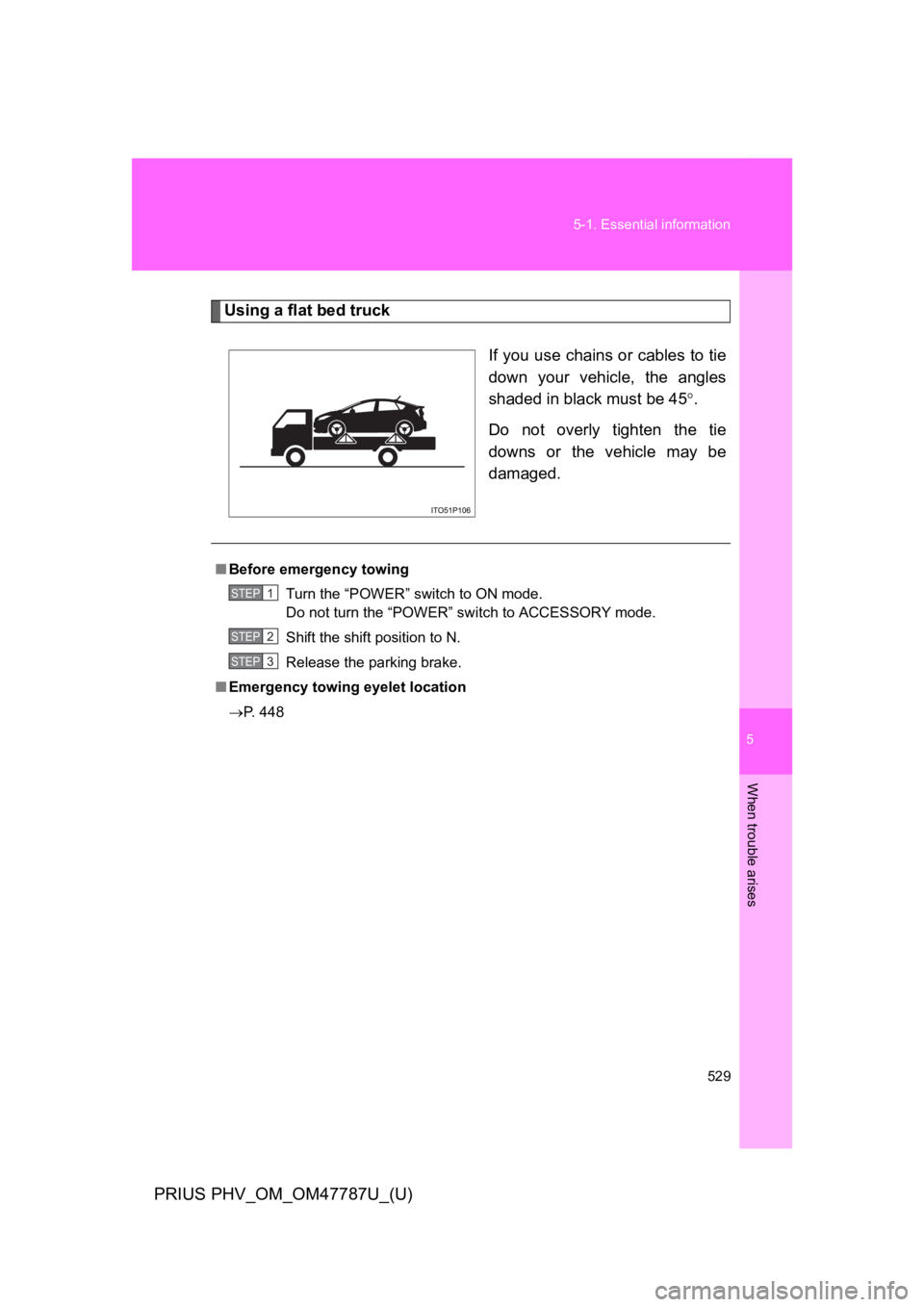 TOYOTA PRIUS PLUG-IN 2013  Owners Manual 5
When trouble arises
529
5-1. Essential information
PRIUS PHV_OM_OM47787U_(U)
Using a flat bed truck
If you use chains or cables to tie
down  your  vehicle,  the  angles
shaded in black must be 45°.