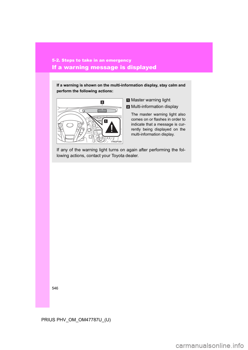 TOYOTA PRIUS PLUG-IN 2013 Owners Manual 546
5-2. Steps to take in an emergency
PRIUS PHV_OM_OM47787U_(U)
If a warning message is displayed
If a warning is shown on the multi-information display, stay calm and
perform the following actions:
TOYOTA PRIUS PLUG-IN 2013 Owners Manual 546
5-2. Steps to take in an emergency
PRIUS PHV_OM_OM47787U_(U)
If a warning message is displayed
If a warning is shown on the multi-information display, stay calm and
perform the following actions: