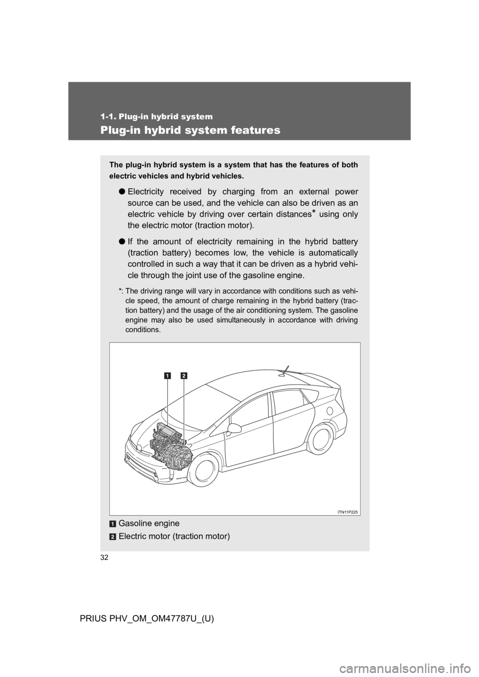 TOYOTA PRIUS PLUG-IN 2013 Workshop Manual 32
PRIUS PHV_OM_OM47787U_(U)
1-1. Plug-in hybrid system
Plug-in hybrid system features
The plug-in hybrid system is a system that has the features of both
electric vehicles and hybrid vehi TOYOTA PRIUS PLUG-IN 2013 Workshop Manual 32
PRIUS PHV_OM_OM47787U_(U)
1-1. Plug-in hybrid system
Plug-in hybrid system features
The plug-in hybrid system is a system that has the features of both
electric vehicles and hybrid vehi