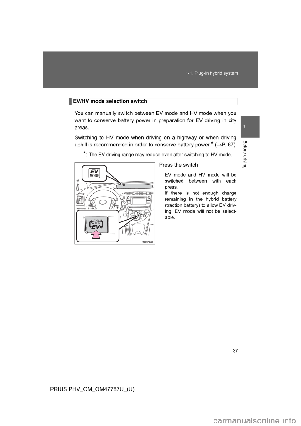 TOYOTA PRIUS PLUG-IN 2013 Repair Manual 37
1-1. Plug-in hybrid system
1
Before driving
PRIUS PHV_OM_OM47787U_(U)
EV/HV mode selection switch
Yo u c a n m a n u a l l y s w i t c h b e t w e e n E V m o d e a n d H V m o d TOYOTA PRIUS PLUG-IN 2013 Repair Manual 37
1-1. Plug-in hybrid system
1
Before driving
PRIUS PHV_OM_OM47787U_(U)
EV/HV mode selection switch
Yo u c a n m a n u a l l y s w i t c h b e t w e e n E V m o d e a n d H V m o d
