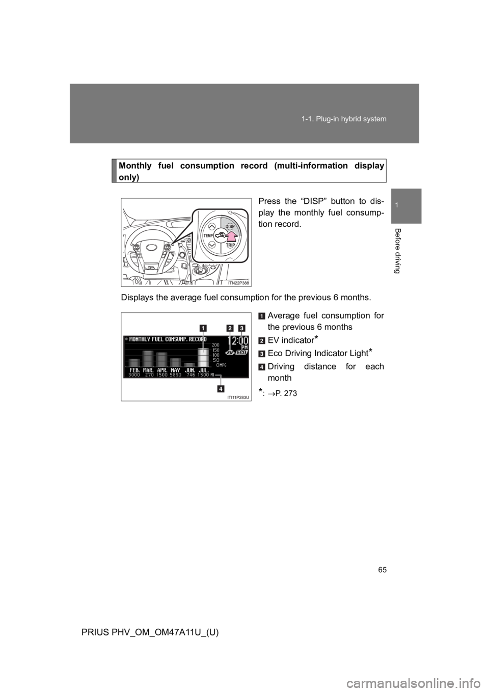 TOYOTA PRIUS PLUG-IN 2015  Owners Manual 65
1-1. Plug-in hybrid system
1
Before driving
PRIUS PHV_OM_OM47A11U_(U)
Monthly  fuel  consumption  record (multi-information display
only)
Press  the  “DISP”  button  to  dis-
play  the  monthly