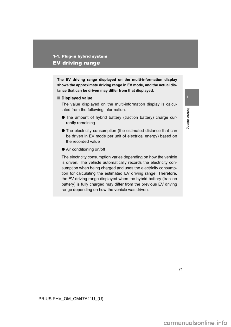 TOYOTA PRIUS PLUG-IN 2015 Owners Manual 71
1
1-1. Plug-in hybrid system
Before driving
PRIUS PHV_OM_OM47A11U_(U)
EV driving range
The EV driving range displayed on the multi-information display
shows the approximate driving range in TOYOTA PRIUS PLUG-IN 2015 Owners Manual 71
1
1-1. Plug-in hybrid system
Before driving
PRIUS PHV_OM_OM47A11U_(U)
EV driving range
The EV driving range displayed on the multi-information display
shows the approximate driving range in