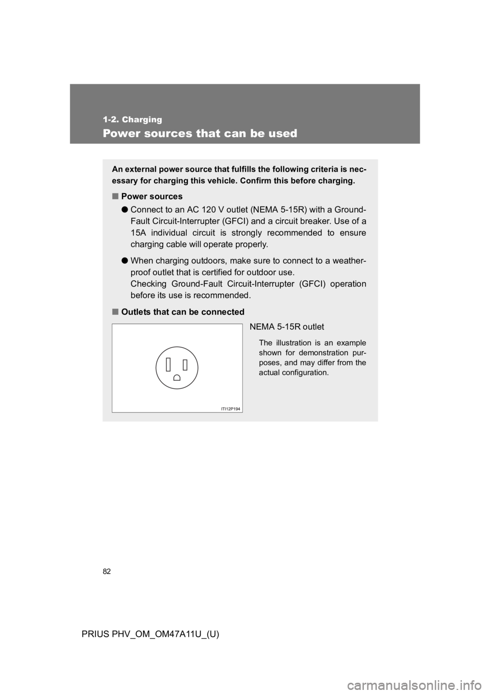 TOYOTA PRIUS PLUG-IN 2015 Owners Manual 82
1-2. Charging
PRIUS PHV_OM_OM47A11U_(U)
Power sources that can be used
An external power source that fulfills the following criteria is nec-
essary for charging this vehicle. Confirm this before ch TOYOTA PRIUS PLUG-IN 2015 Owners Manual 82
1-2. Charging
PRIUS PHV_OM_OM47A11U_(U)
Power sources that can be used
An external power source that fulfills the following criteria is nec-
essary for charging this vehicle. Confirm this before ch