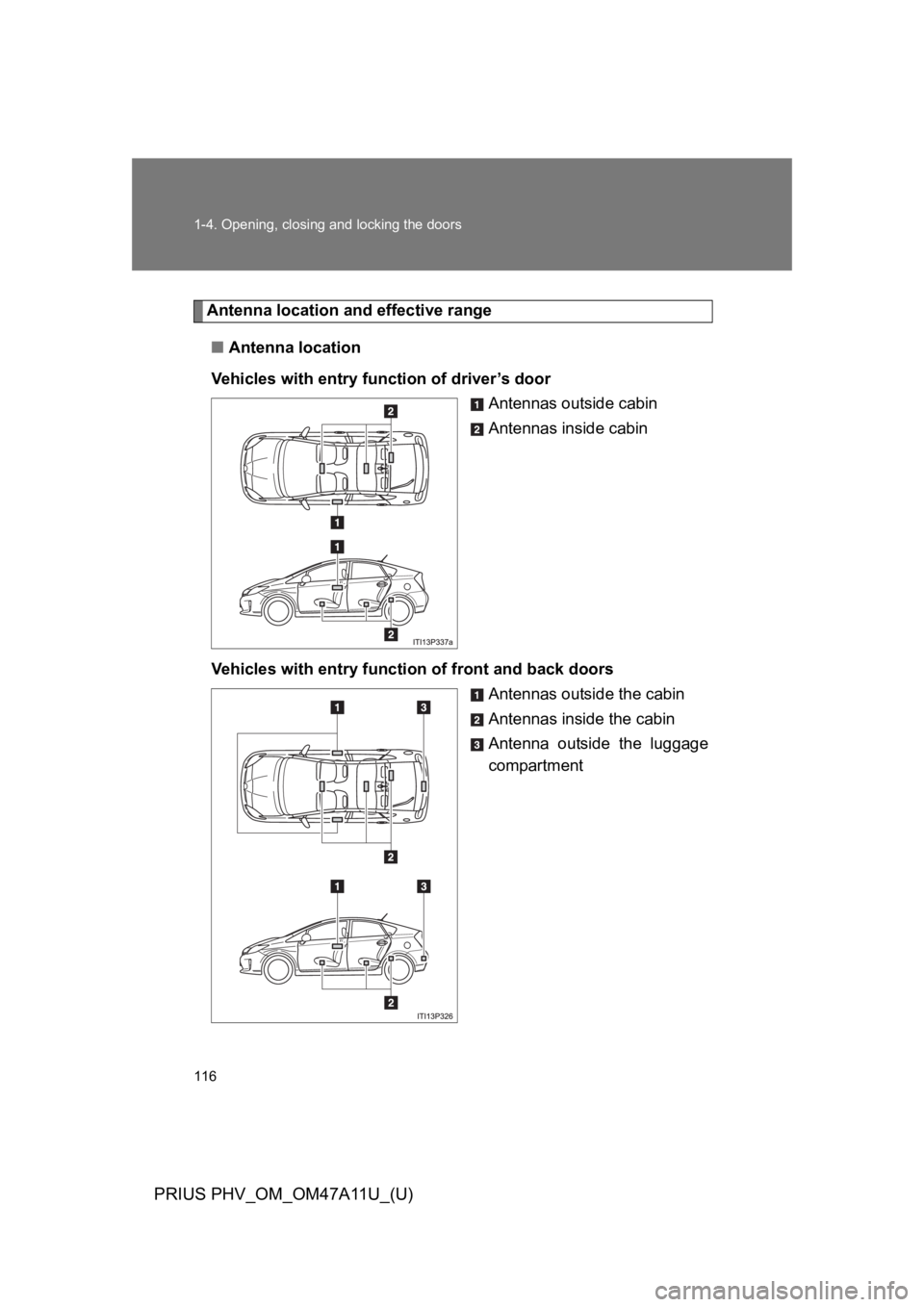 TOYOTA PRIUS PLUG-IN 2015  Owners Manual 116
1-4. Opening, closing and locking the doors
PRIUS PHV_OM_OM47A11U_(U)
Antenna location and effective range
■Antenna location
Ve h i c l e s   w i t h   e n t r y   f u n c t i o n   o f   d r i 