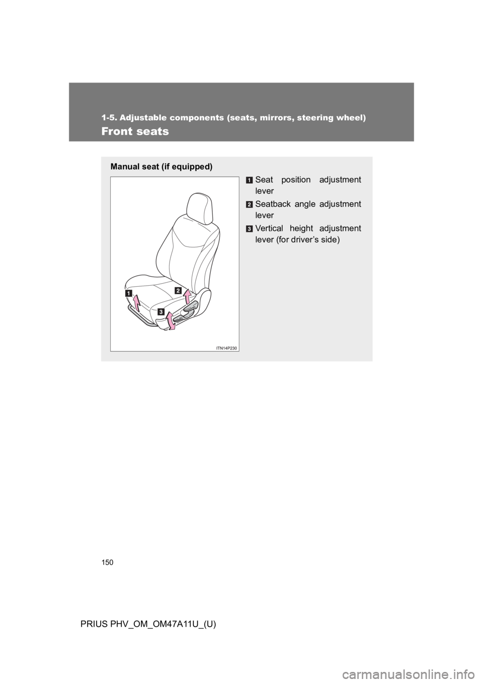 TOYOTA PRIUS PLUG-IN 2015 Owners Manual 150
PRIUS PHV_OM_OM47A11U_(U)
1-5. Adjustable components (seats, mirrors, steering wheel)
Fr ont seats
Manual seat (if equipped)
Seat position adjustment
lever
Seatback angle adjustment
lever
Ve r TOYOTA PRIUS PLUG-IN 2015 Owners Manual 150
PRIUS PHV_OM_OM47A11U_(U)
1-5. Adjustable components (seats, mirrors, steering wheel)
Fr ont seats
Manual seat (if equipped)
Seat position adjustment
lever
Seatback angle adjustment
lever
Ve r