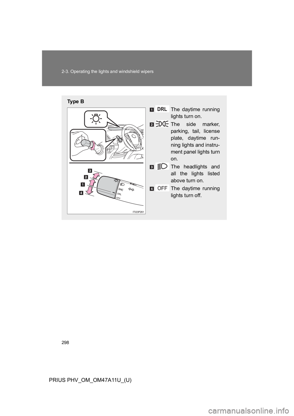 TOYOTA PRIUS PLUG-IN 2015  Owners Manual 298
2-3. Operating the lights and windshield wipers
PRIUS PHV_OM_OM47A11U_(U)
Ty p e   B
The  daytime  running
lights turn on.
The  side  marker,
parking,  tail,  license
plate,  daytime  run-
ning li