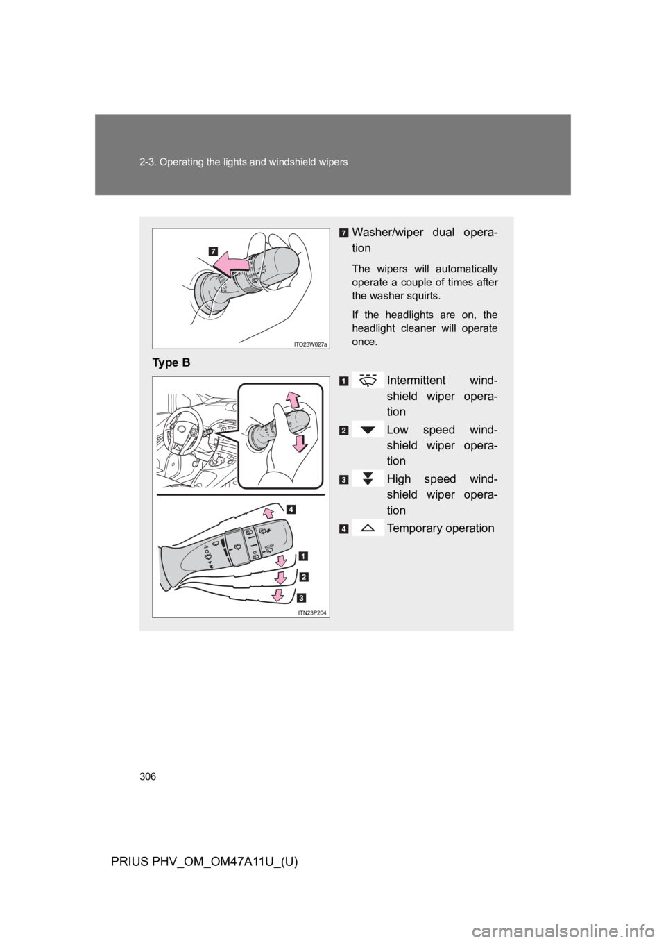TOYOTA PRIUS PLUG-IN 2015  Owners Manual 306
2-3. Operating the lights and windshield wipers
PRIUS PHV_OM_OM47A11U_(U)
Washer/wiper  dual  opera-
tion
The  wipers  will  automatically
operate a  couple  of  times  after
the washer squirts.
I