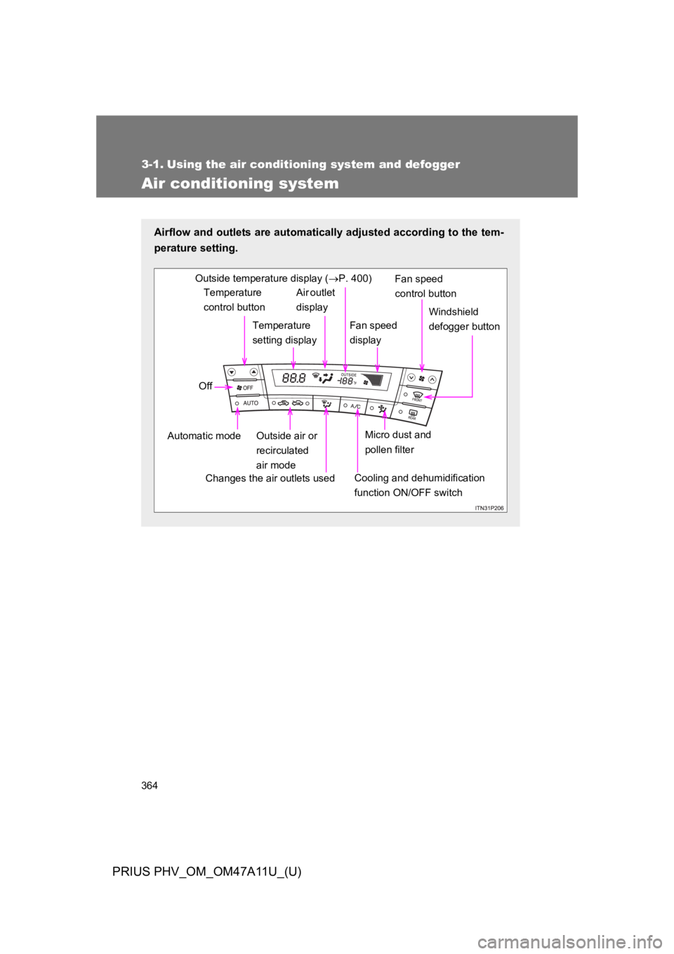 TOYOTA PRIUS PLUG-IN 2015  Owners Manual 364
PRIUS PHV_OM_OM47A11U_(U)
3-1. Using the air conditioning system and defogger
Air conditioning system
Airflow and outlets are automatically adjusted according to the tem-
perature setting.
Tempera