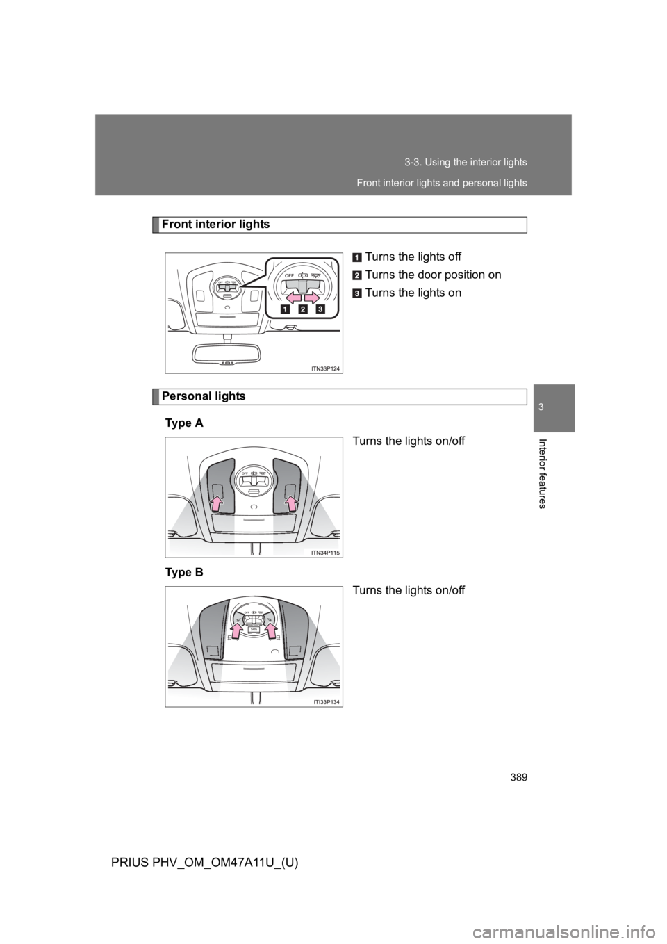 TOYOTA PRIUS PLUG-IN 2015  Owners Manual 389
3-3. Using the interior lights
PRIUS PHV_OM_OM47A11U_(U)
3
Interior features
Front interior lights
Turns the lights off
Turns the door position on
Turns the lights on
Personal lights
Ty p e   A
Tu