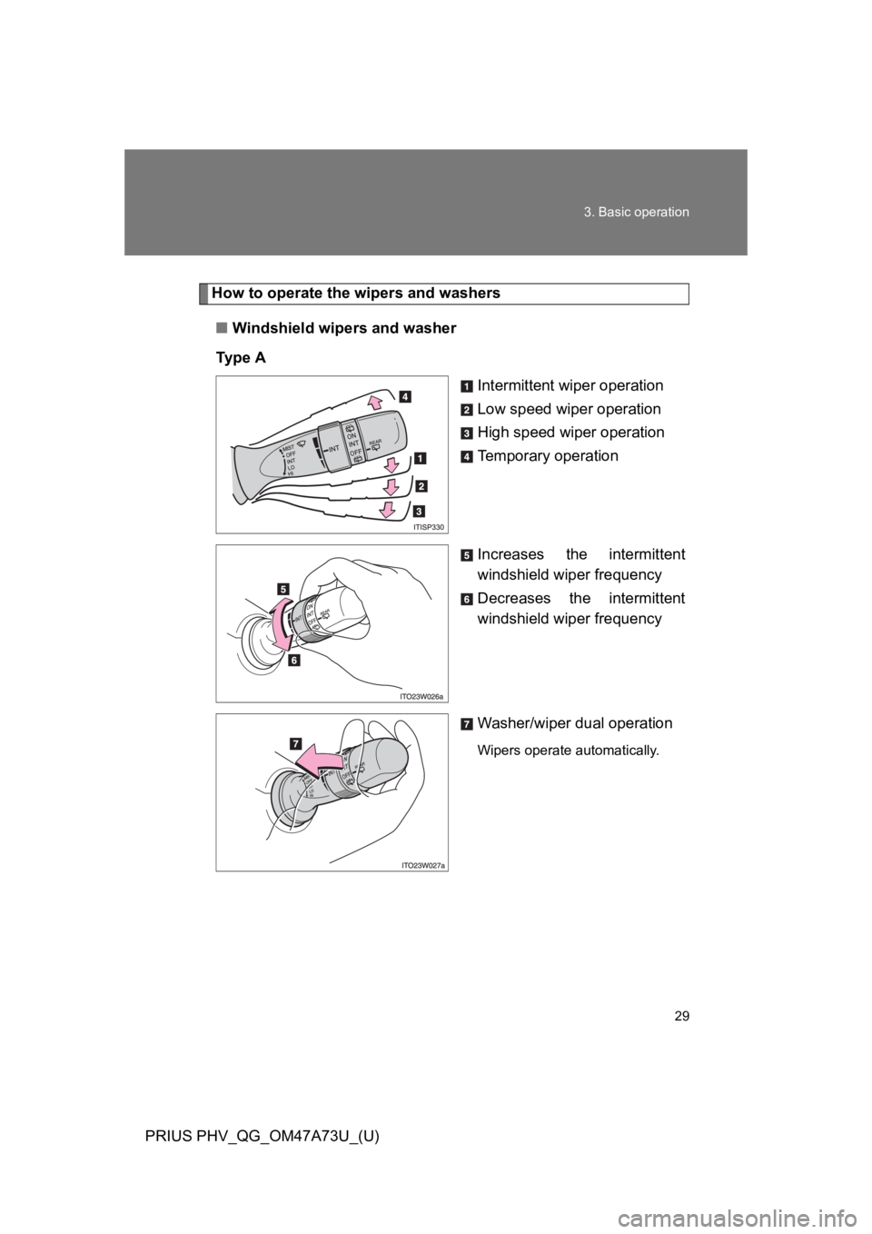 TOYOTA PRIUS PLUG-IN 2015 Service Manual 29
3. Basic operation
PRIUS PHV_QG_OM47A73U_(U)
How to operate the wipers and washers
■Windshield wipers and washer
Ty p e   A
Intermittent wiper operation
Low speed wiper operation
High speed wiper