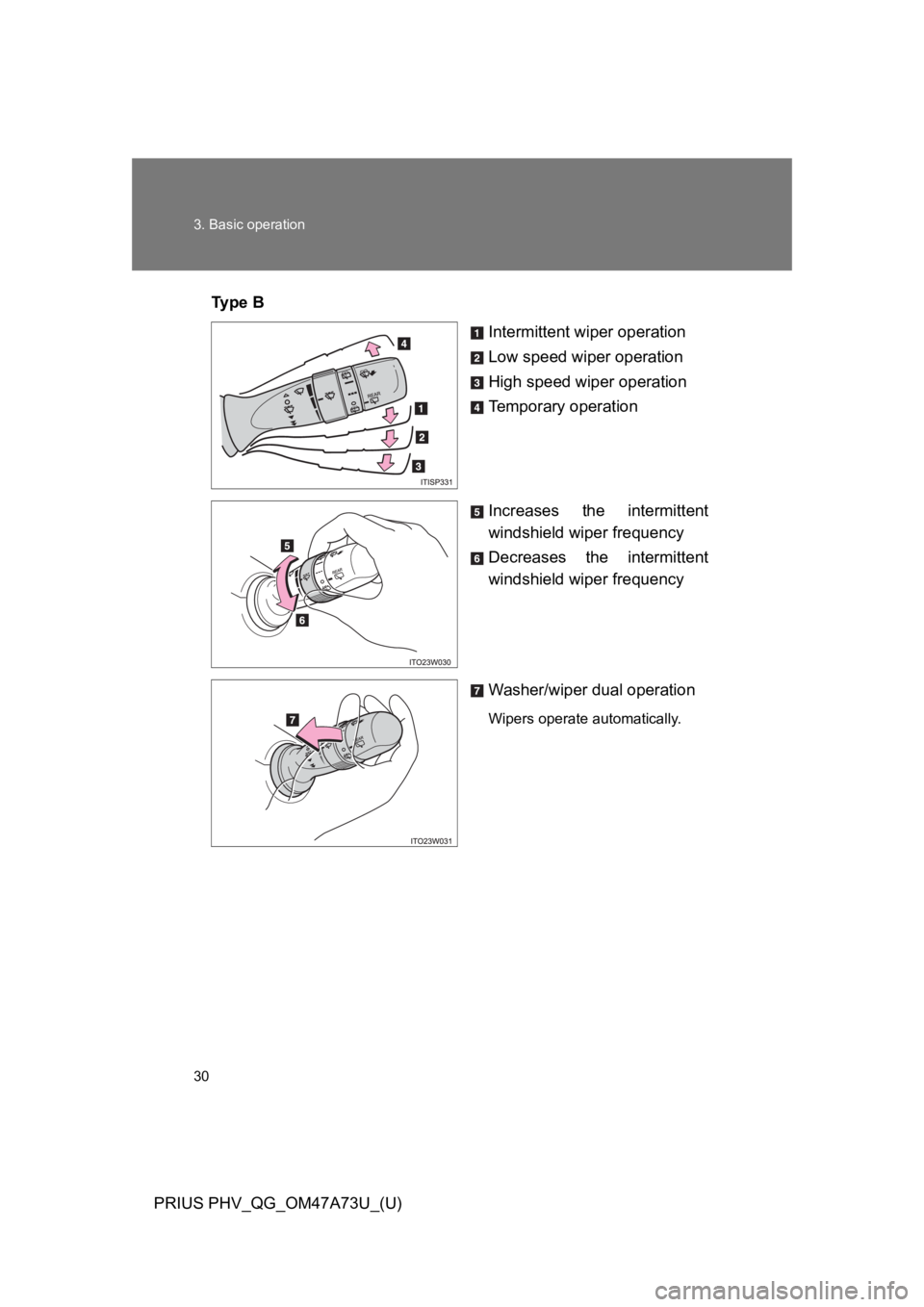 TOYOTA PRIUS PLUG-IN 2015 Service Manual 30
3. Basic operation
PRIUS PHV_QG_OM47A73U_(U)
Ty p e   B
Intermittent wiper operation
Low speed wiper operation
High speed wiper operation
Te m p o r a r y   o p e r a t i o n
Increases  the  interm