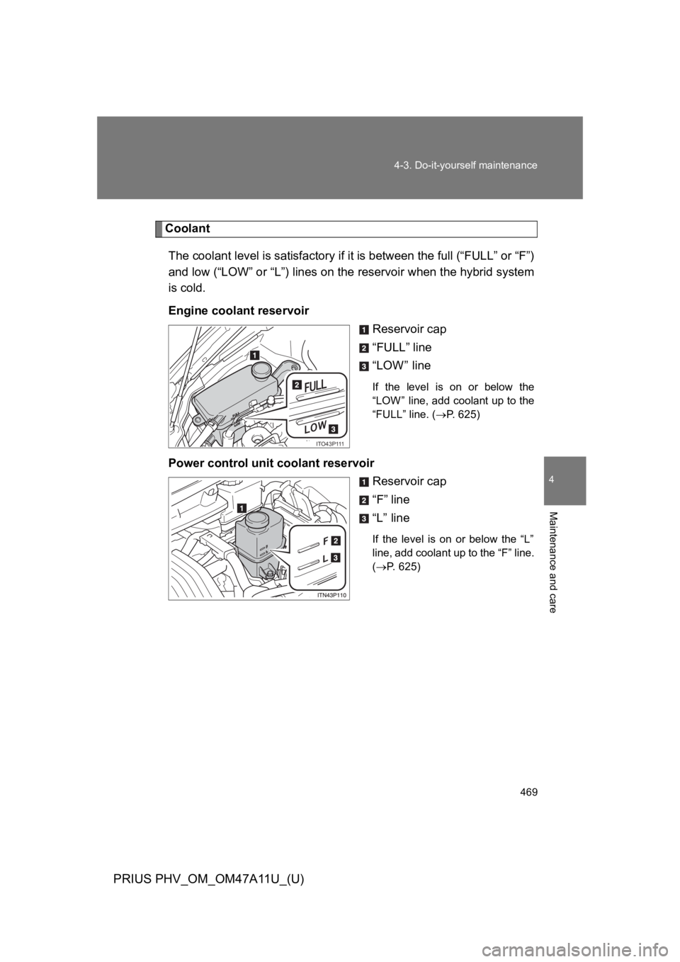 TOYOTA PRIUS PLUG-IN 2015  Owners Manual 469
4-3. Do-it-yourself maintenance
PRIUS PHV_OM_OM47A11U_(U)
4
Maintenance and care
Coolant
The coolant level is satisfactory if it is between the full (“FULL” or “F”)
and low (“LOW” or 