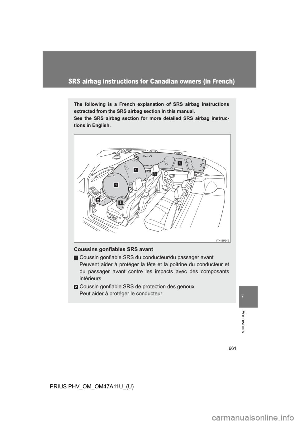 TOYOTA PRIUS PLUG-IN 2015  Owners Manual 661
7
For owners
PRIUS PHV_OM_OM47A11U_(U)
SRS airbag instructions for Canadian owners (in French) 