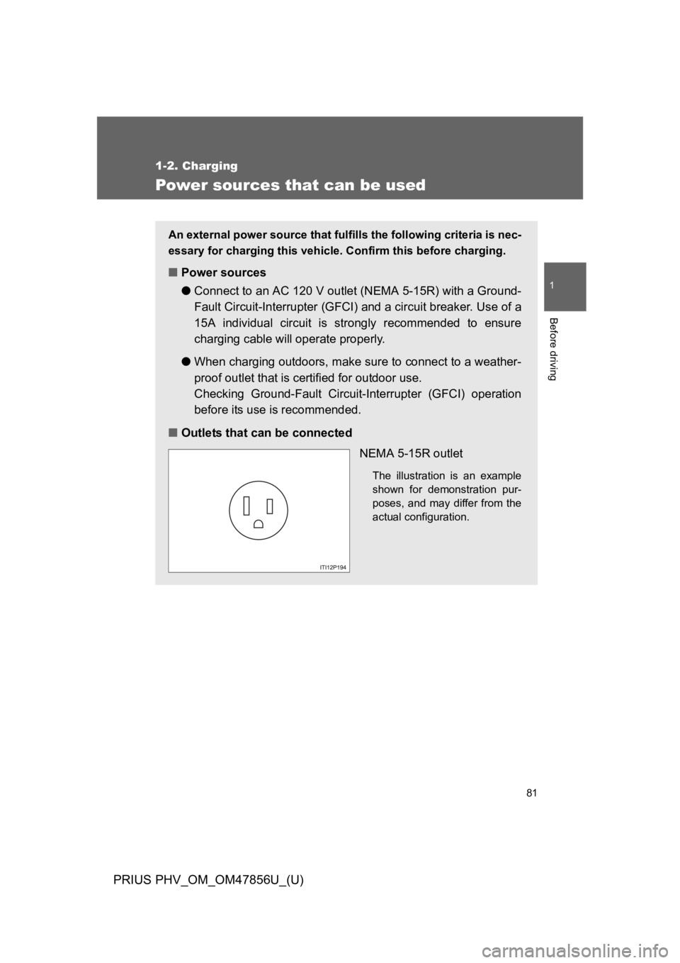 TOYOTA PRIUS PLUG-IN 2014 Owners Manual 81
1
1-2. Charging
Before driving
PRIUS PHV_OM_OM47856U_(U)
Power sources that can be used
An external power source that fulfills the following criteria is nec-
essary for charging this vehicle. Confi TOYOTA PRIUS PLUG-IN 2014 Owners Manual 81
1
1-2. Charging
Before driving
PRIUS PHV_OM_OM47856U_(U)
Power sources that can be used
An external power source that fulfills the following criteria is nec-
essary for charging this vehicle. Confi