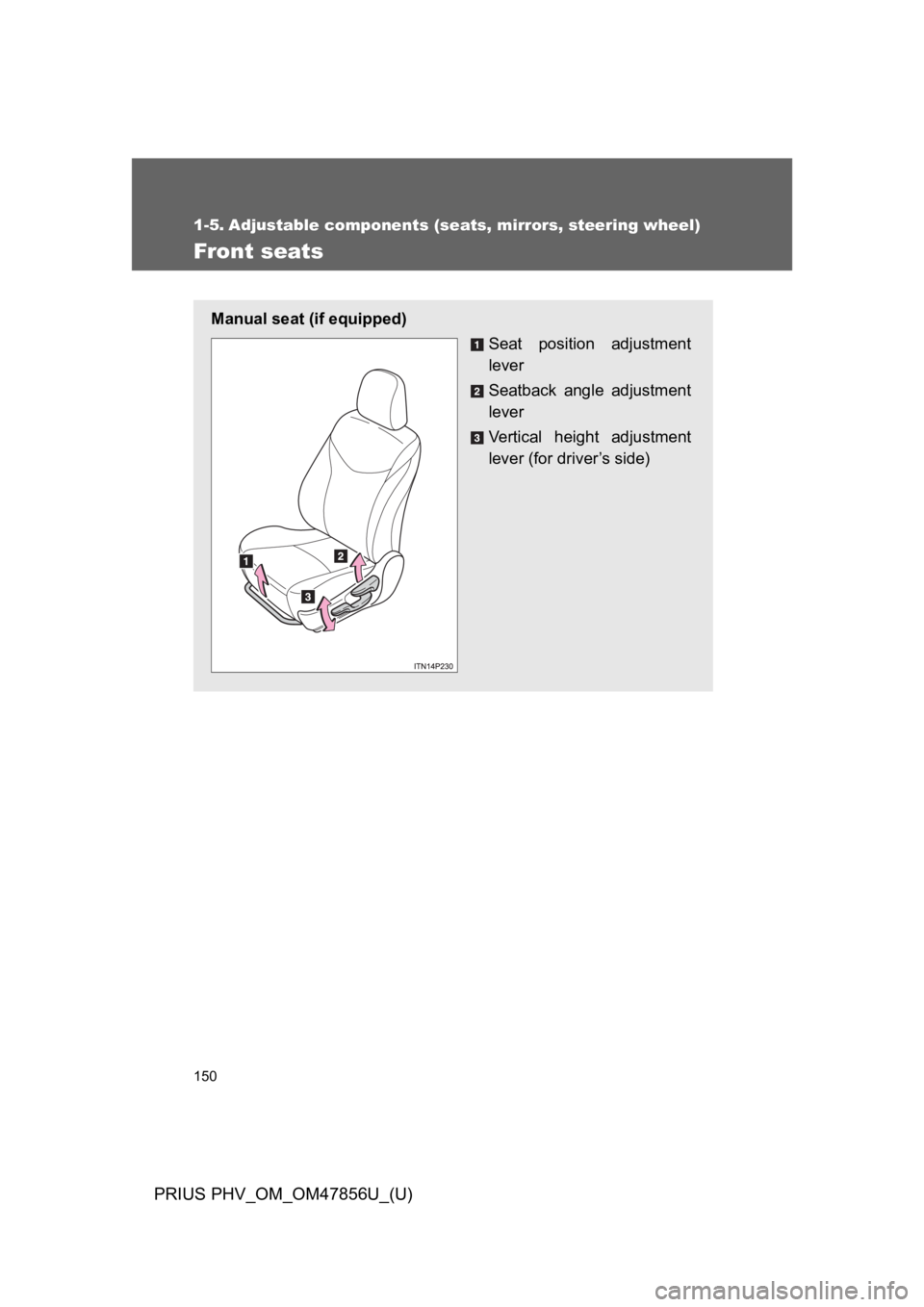 TOYOTA PRIUS PLUG-IN 2014 Owners Manual 150
PRIUS PHV_OM_OM47856U_(U)
1-5. Adjustable components (seats, mirrors, steering wheel)
Fr ont seats
Manual seat (if equipped)
Seat position adjustment
lever
Seatback angle adjustment
lever
Ve r TOYOTA PRIUS PLUG-IN 2014 Owners Manual 150
PRIUS PHV_OM_OM47856U_(U)
1-5. Adjustable components (seats, mirrors, steering wheel)
Fr ont seats
Manual seat (if equipped)
Seat position adjustment
lever
Seatback angle adjustment
lever
Ve r