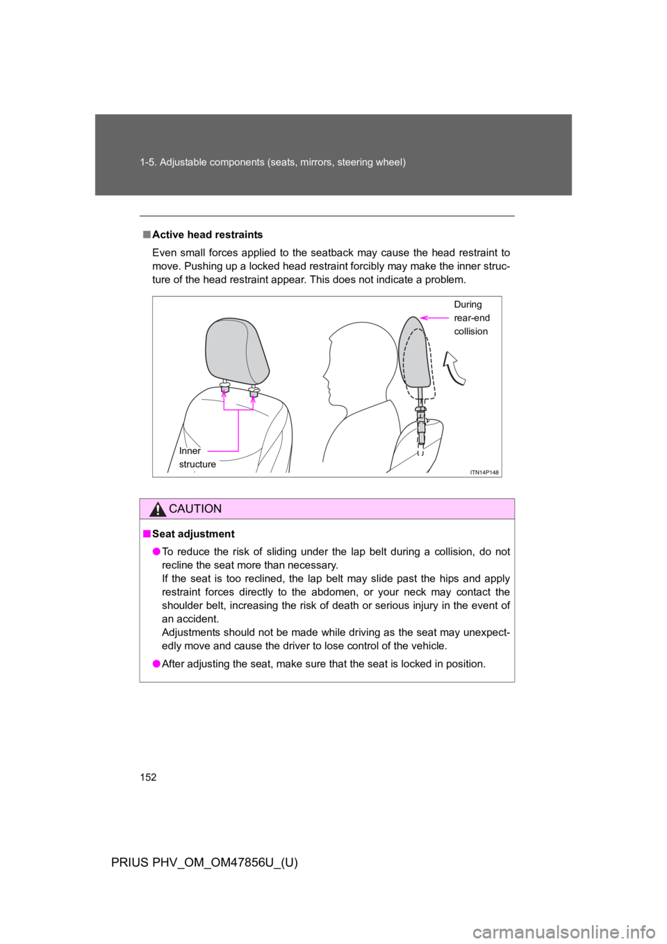 TOYOTA PRIUS PLUG-IN 2014  Owners Manual 152
1-5. Adjustable components (seats, mirrors, steering wheel)
PRIUS PHV_OM_OM47856U_(U)
■Active head restraints
Even  small  forces  applied  to  the  seatback  may  cause  the  head  restraint  t