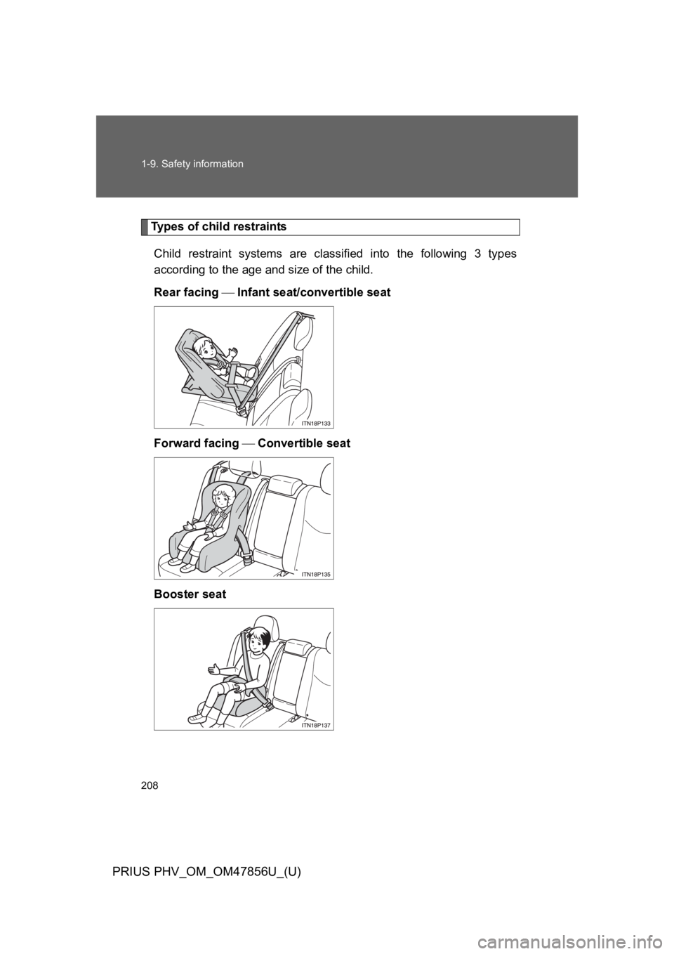 TOYOTA PRIUS PLUG-IN 2014  Owners Manual 208
1-9. Safety information
PRIUS PHV_OM_OM47856U_(U)
Ty p e s   o f   c h i l d   r e s t r a i n ts
Child  restraint  systems  are  classified  into  the  following  3  types
according to the age an