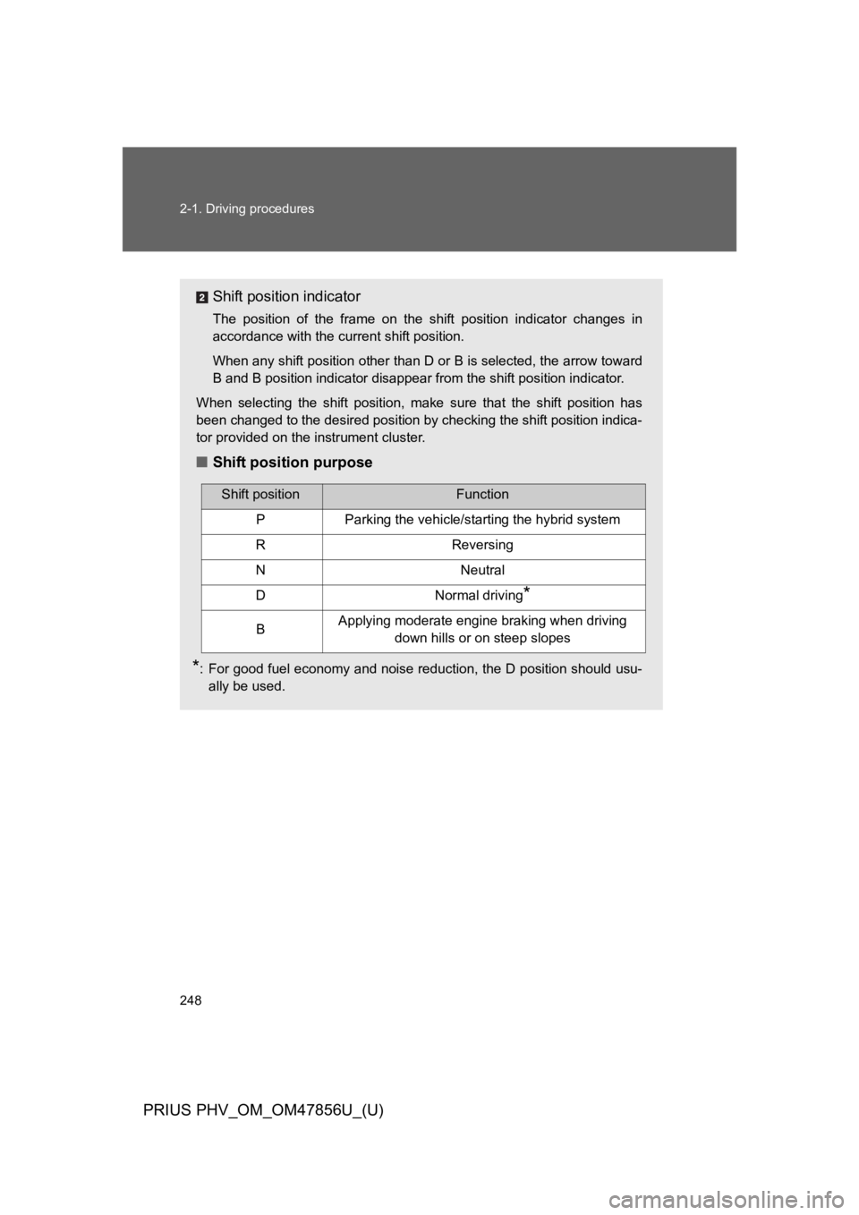 TOYOTA PRIUS PLUG-IN 2014 Owners Manual 248
2-1. Driving procedures
PRIUS PHV_OM_OM47856U_(U)
Shift position indicator
The position of the frame on the shift position indicator changes in
accordance with the current shift positio TOYOTA PRIUS PLUG-IN 2014 Owners Manual 248
2-1. Driving procedures
PRIUS PHV_OM_OM47856U_(U)
Shift position indicator
The position of the frame on the shift position indicator changes in
accordance with the current shift positio