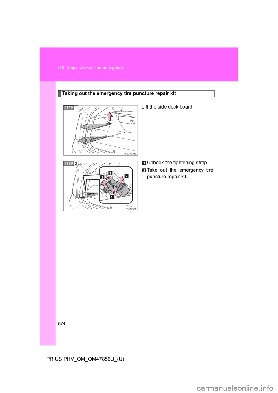 TOYOTA PRIUS PLUG-IN 2014  Owners Manual 574
5-2. Steps to take in an emergency
PRIUS PHV_OM_OM47856U_(U)
Ta k i n g   o u t   t h e   e m e r g e n c y   t i r e   p u n c t u r e   r e pa i r   k i t
Lift the side deck board.
Unhook the ti