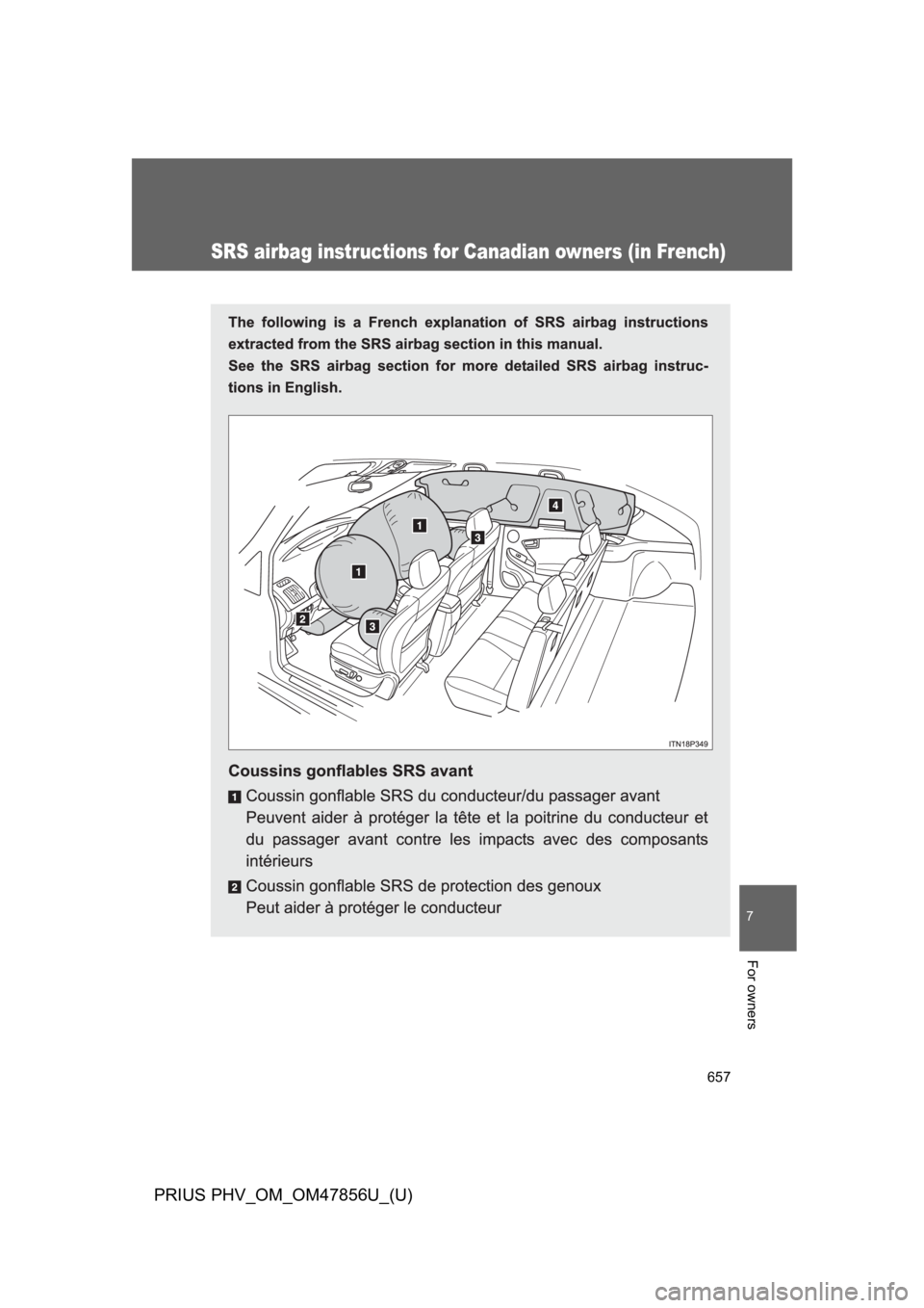 TOYOTA PRIUS PLUG-IN 2014 Owners Manual 657
7
For owners
PRIUS PHV_OM_OM47856U_(U)
SRS airbag instructions for Canadian owners (in French) TOYOTA PRIUS PLUG-IN 2014 Owners Manual 657
7
For owners
PRIUS PHV_OM_OM47856U_(U)
SRS airbag instructions for Canadian owners (in French)