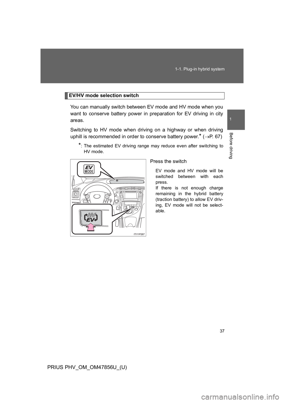 TOYOTA PRIUS PLUG-IN 2014 Manual PDF 37
1-1. Plug-in hybrid system
1
Before driving
PRIUS PHV_OM_OM47856U_(U)
EV/HV mode selection switch
Yo u c a n m a n u a l l y s w i t c h b e t w e e n E V m o d e a n d H V m o d TOYOTA PRIUS PLUG-IN 2014 Manual PDF 37
1-1. Plug-in hybrid system
1
Before driving
PRIUS PHV_OM_OM47856U_(U)
EV/HV mode selection switch
Yo u c a n m a n u a l l y s w i t c h b e t w e e n E V m o d e a n d H V m o d