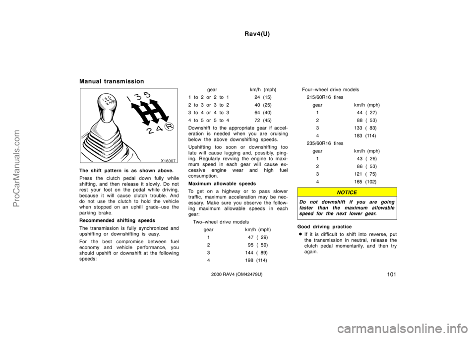 TOYOTA RAV4 2000  Owners Manual Rav4(U)
1012000 RAV4 (OM42479U)
Manual transmission
The shift pattern is as shown above.
Press the clutch pedal down fully while
shifting, and then release it slowly. Do not
rest  your  foot on  the p