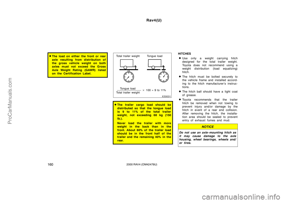 TOYOTA RAV4 2000  Owners Manual Rav4(U)
1602000 RAV4 (OM42479U)
The load on either the front or rear
axle resulting from distribution of
the gross vehicle weight on both
axles must not exceed the Gross
Axle Weight Rating (GAWR) lis