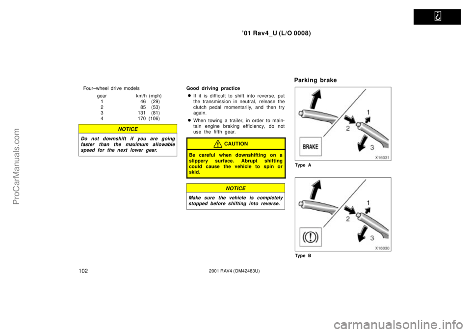 TOYOTA RAV4 2001  Owners Manual   
01 Rav4_U (L/O 0008)
1022001 RAV4 (OM42483U)
Four±wheel drive models
gear km/h (mph)
1 46 (29)
2 85 (53)
3 131 (81)
4 170 (106)
NOTICE
Do not downshift if you are going
faster than the maximum al