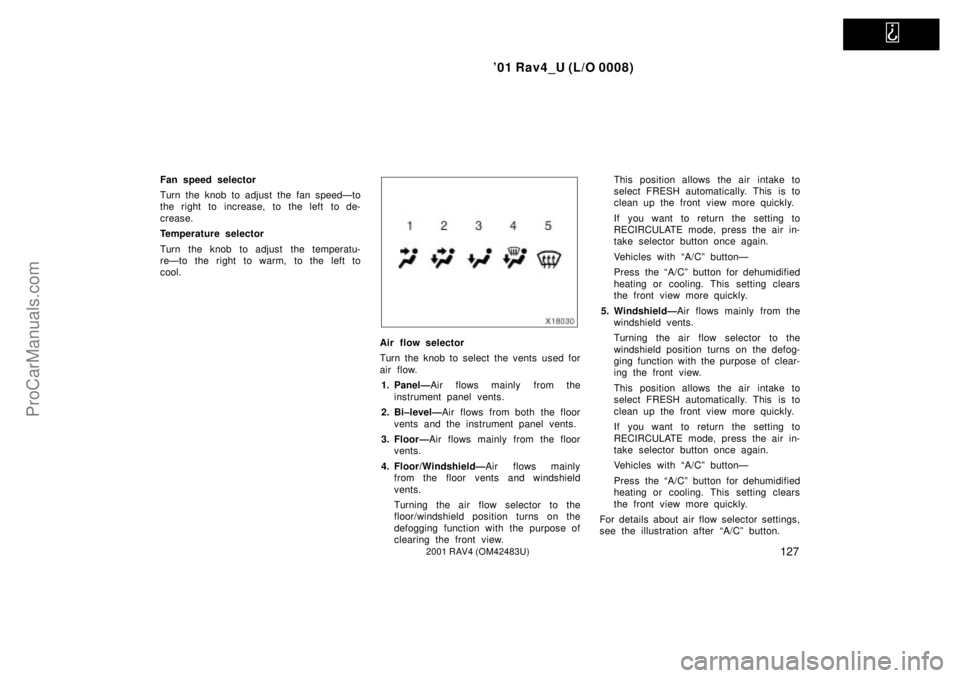 TOYOTA RAV4 2001  Owners Manual   
01 Rav4_U (L/O 0008)
1272001 RAV4 (OM42483U)
Fan speed selector
Turn the knob to adjust the fan speedÐto
the right to increase, to the left to de-
crease.
Temperature selector
Turn the knob to ad