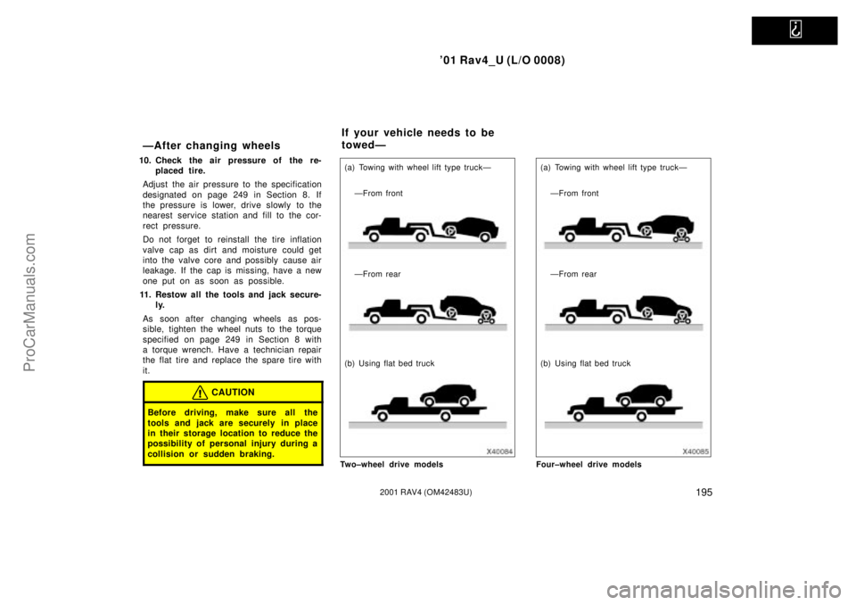 TOYOTA RAV4 2001  Owners Manual   
01 Rav4_U (L/O 0008)
1952001 RAV4 (OM42483U)
ÐAfter changing wheels
10. Check the air pressure of the re-
placed tire.
Adjust the air pressure to the specification
designated on page 249 in Secti