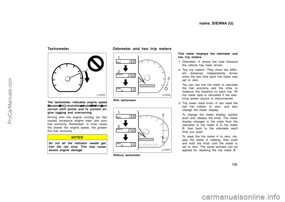 TOYOTA SIENNA 1998  Owners Manual name. SIENNA (U)
105
Tachometer
The tachometer indicates engine speed
in t housands  of   r pm
( revolutions  per  minute).  Use  i t  while  driving  t o s elect
correct shift points and to prevent e