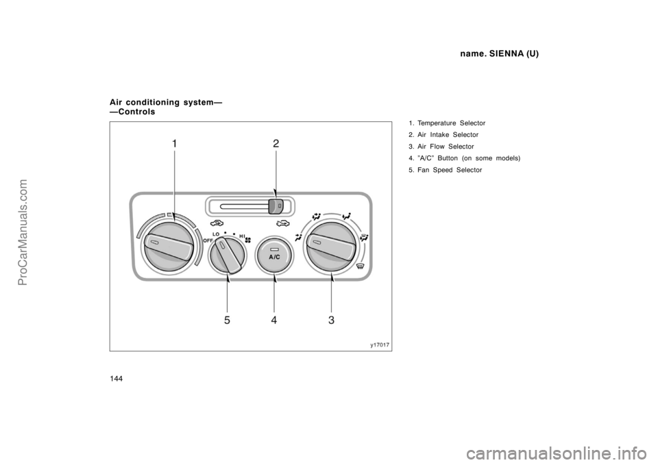 TOYOTA SIENNA 1998  Owners Manual name. SIENNA (U)
144
1. Temperature Selector
2. Air Intake Selector
3. Air Flow Selector
4. ”A/C” Button (on some models)
5. Fan Speed Selector
Air conditioning system—
—Controls
ProCarManuals